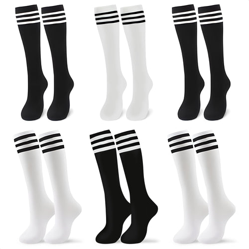 Triple-Stripe Knee High Tube Socks, Black and White, 6 Pack
