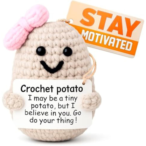 Crochet Potato Desk Figurine with Ribbon and Card, 3.14 x 2.36 In