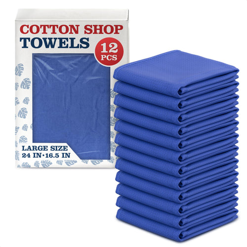 Blue Cotton Huck Shop Towels, 24 x 16.5 In, 12 Pack
