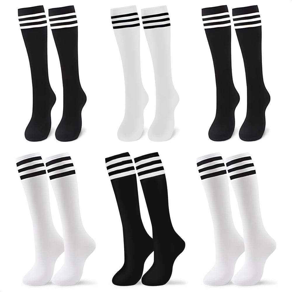 Triple-Stripe Knee High Tube Socks, Black and White, 6 Pack