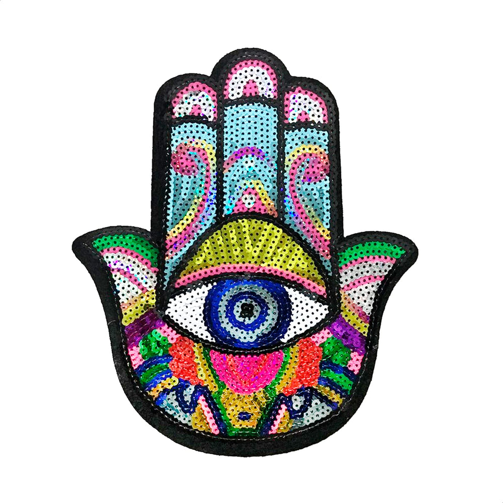 Sequin Hamsa Hand Iron-On Patch with Evil Eye, 9.5 x 7.9 Inch