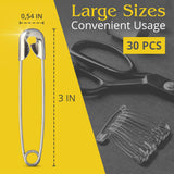 Extra Large 3 Inch Safety Pins, 30 Pack Stainless Steel