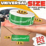 Tamper Proof Stickers 250 Pack, 1 x 3 Inch Green